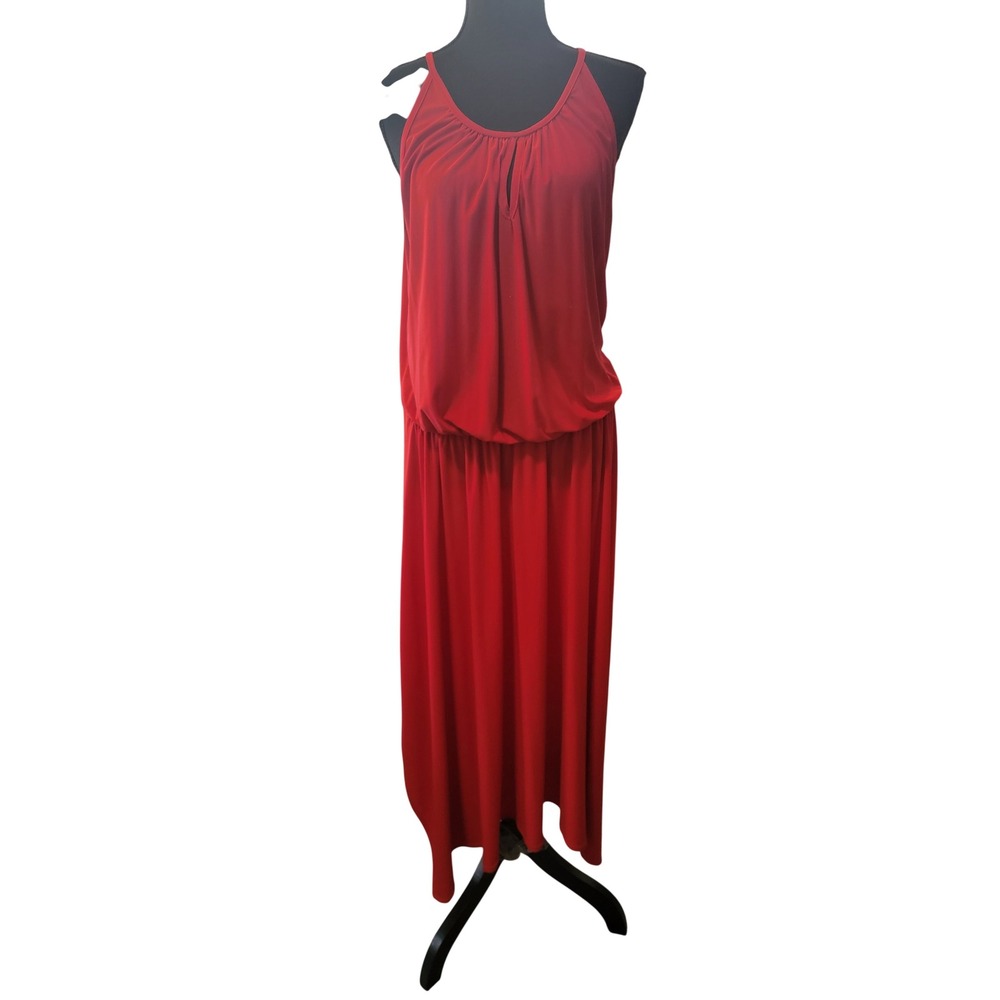 Ashley Stewart Red Blouson Keyhole Maxi Dress Plus Size 14/16 Sleeveless Jersey
